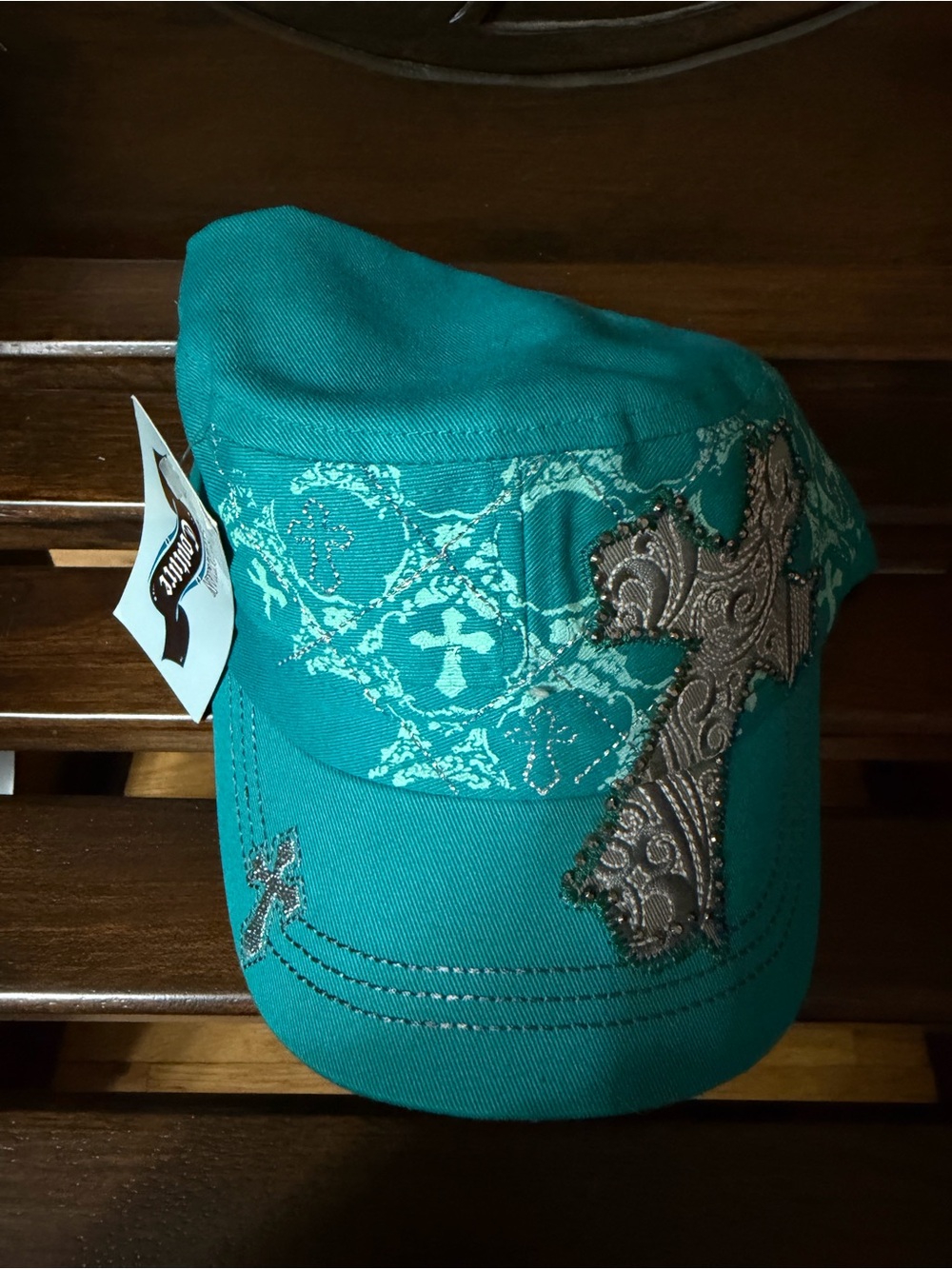 Teal Embroidered Cross Military Cap - Women's Hat